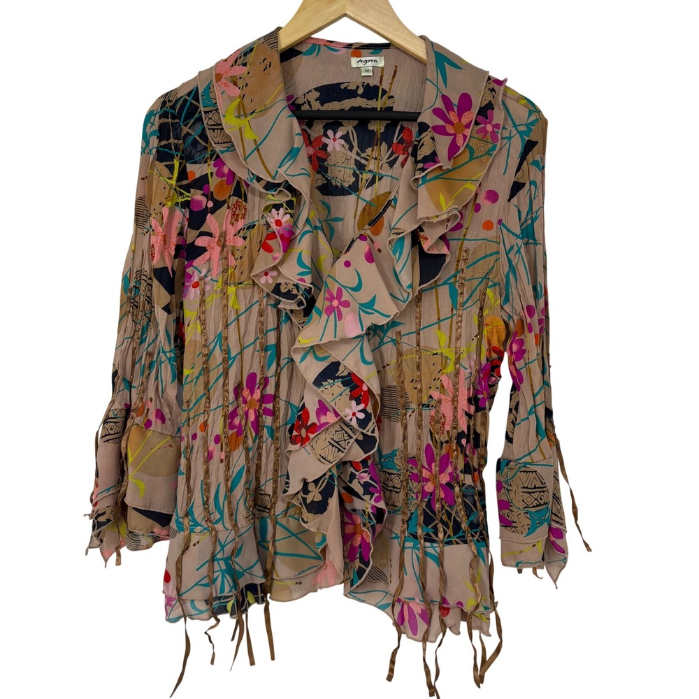 Agora Womens Floral Ruffled Top M Tan Pink Boho Beaded Ribbons Indie Artsy